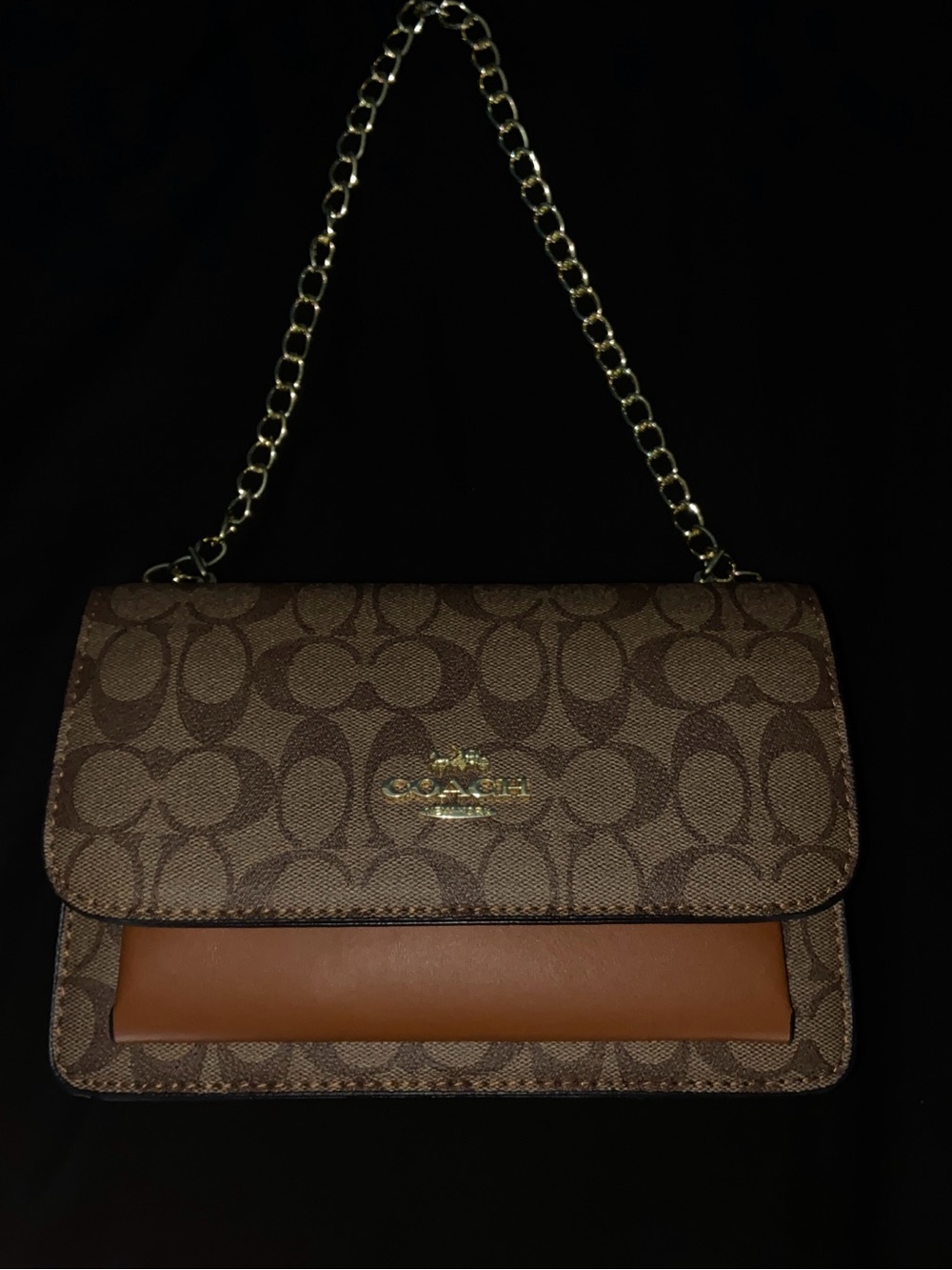 Coach Brown Signature Canvas Shoulder Bag with Gold Chain